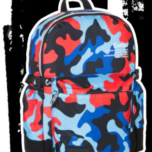 Cookies Worldwide Blue and Red Camo Backpack with front zipper pocket and smell-proof design